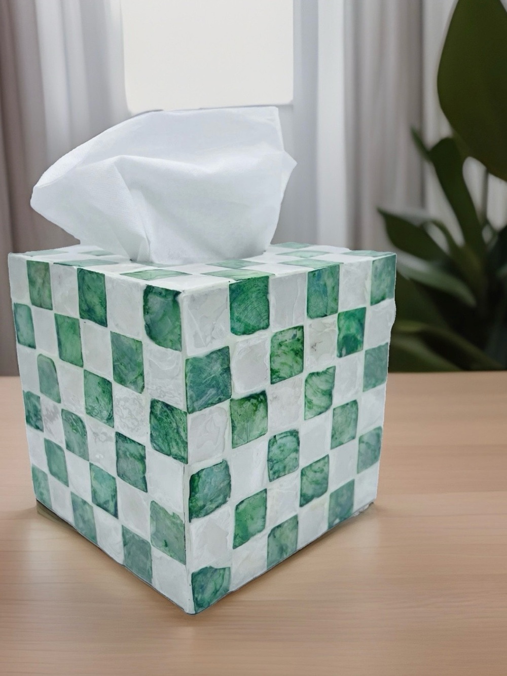 5.7" Square Tissue Box Cover for Kleenex and More, Handmade Green & White Che...